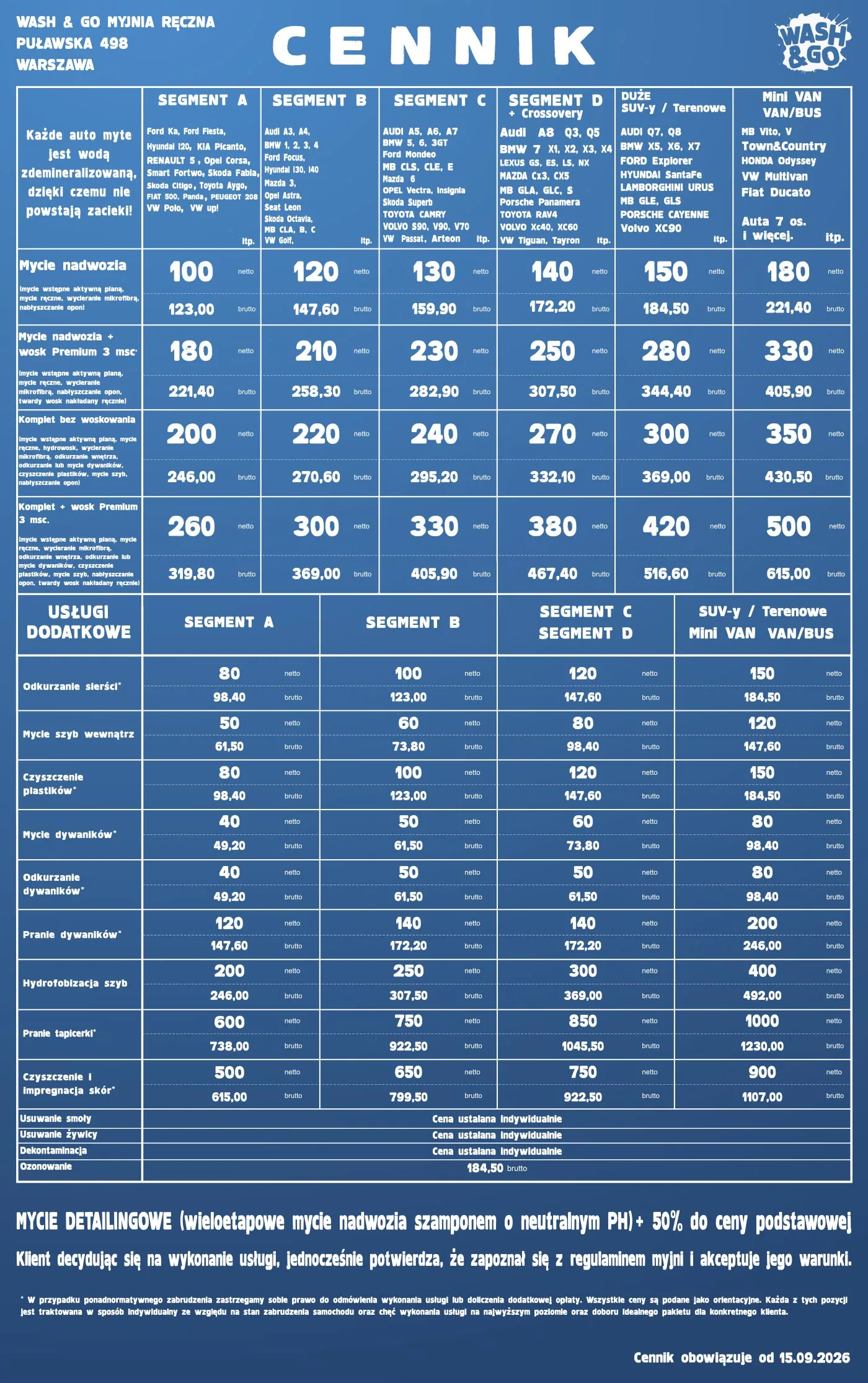 Cennik Myjnia - Wrzesień 2026